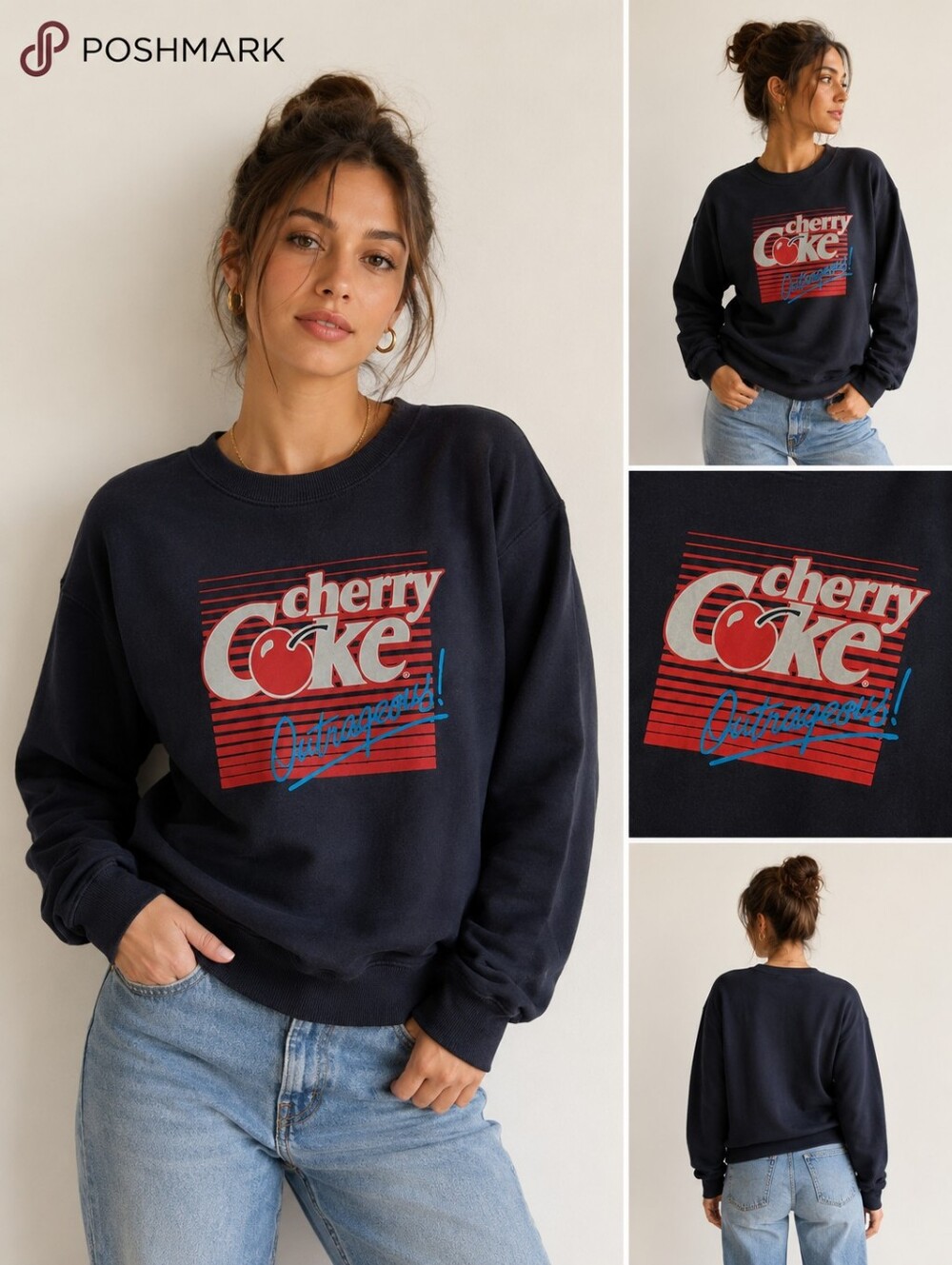 Vintage cotton Navy Cherry Coke Graphic Crewneck Sweatshirt